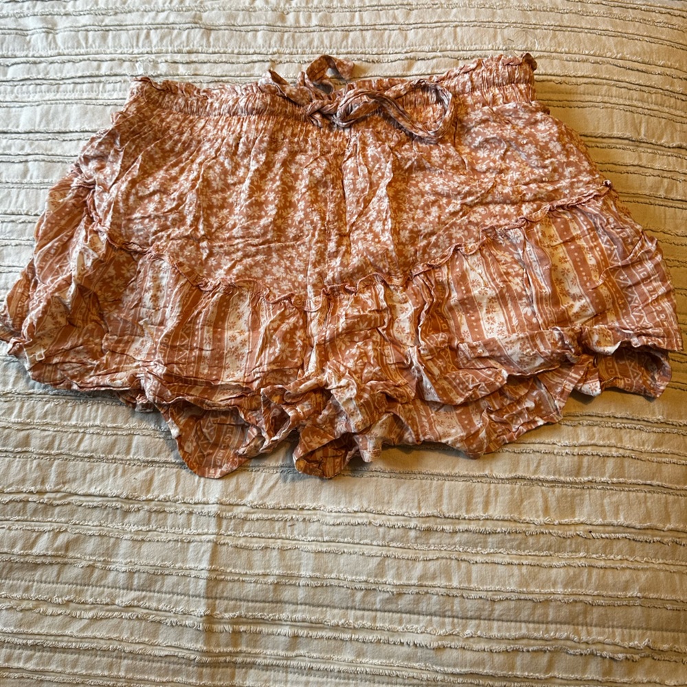 Vestique Rust Boho Floral Ruffle Shorts L Lined Skort Festival